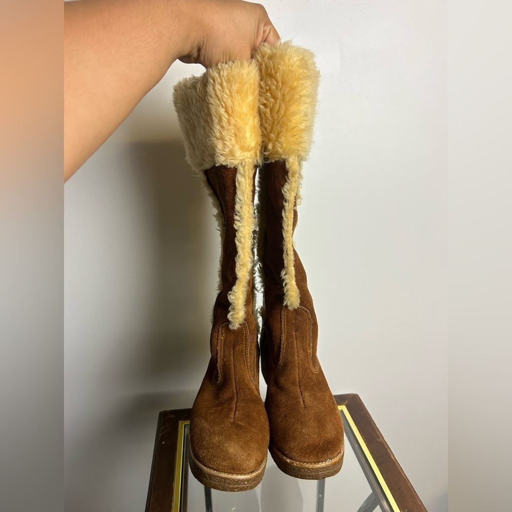 VTG Platform Knee Boots genuine Suede leather Sherpa Y2K 7.5 Bratz Brown Honey